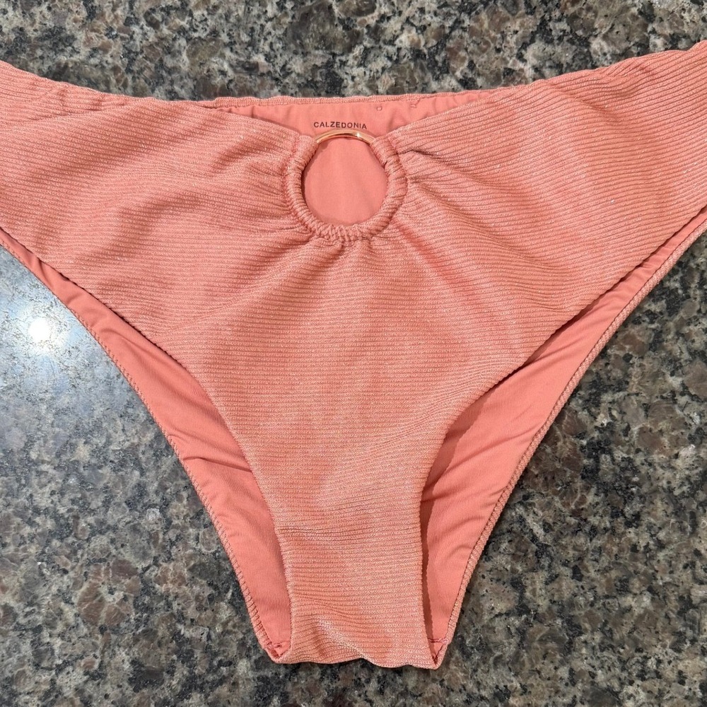 Calzedonia Cobey Coral Pink Ribbed Glitter O-Ring Bikini Bottoms Womens Size S